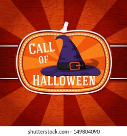 Pumpkin shape retro stylized badge, violet witch hat with strap and buckle and halloween greeting. Vector 