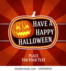 Pumpkin shape retro stylized badge, with happy halloween greeting and jack o lantern. Vector 
