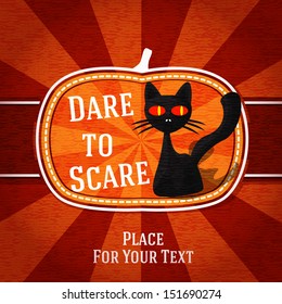 Pumpkin shape retro stylized badge, with black scary cat and halloween greeting. Vector 