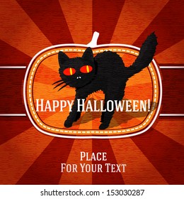 Pumpkin shape retro stylized badge, with black scary cat and halloween greeting. Vector