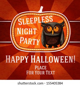 Pumpkin shape retro stylized badge, with cute brown owl and halloween greeting. Vector