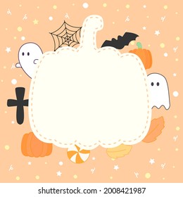 Pumpkin shaped copy space on orange background decorated with cute halloween theme items, ghosts, pumpkins, candy, spider web, bat, cross and leaves for prints