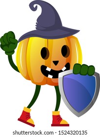 Pumpkin with shild, illustration, vector on white background.