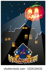 A pumpkin shines over the night city. Below is the inscription Halloween and the emblem of All Saints Day. Vector illustration
