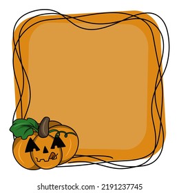 Pumpkin shows tongue, bright square Halloween frame, copy space, cartoon-style vector illustration