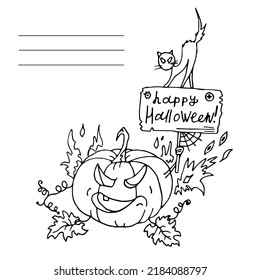 Pumpkin with a sign and cat. Halloween. Autumn holidays. Vector Illustration
