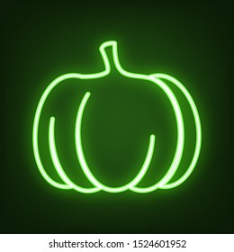 Pumpkin sign. Green neon icon in the dark. Blurred lightening. Illustration.