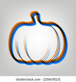 Pumpkin sign. Stroked Icon in orange, azure and old lavender Colors at gray Background. Illustration.