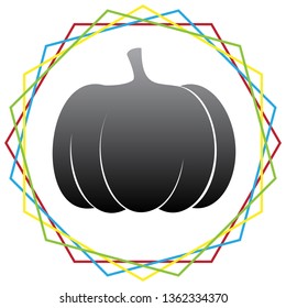 Pumpkin sign. Vector. Black icon with patch of light inside colorful hexagonal frames at white background.