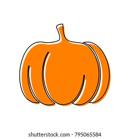 Pumpkin sign. Vector. Black line icon with shifted flat orange filled icon on white background. Isolated.