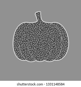Pumpkin sign. Vector. Black maze filled icon with white border at gray background.
