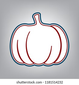 Pumpkin sign. Vector. Dark red, transparent and midnight green stroke of white icon at grayish background.