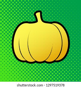 Pumpkin sign. Vector. Pop art orange to yellow dots-gradient icon with black contour at greenish background.