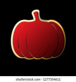 Pumpkin sign. Vector. Red icon with small black and limitless shadows at golden sticker on black background.