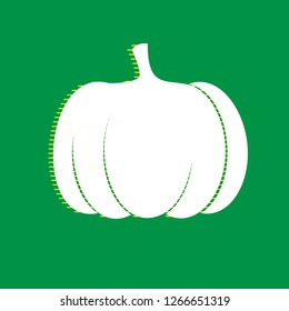Pumpkin sign. Vector. White flat icon with yellow striped shadow at green background.