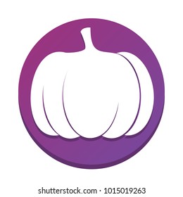 Pumpkin sign. Vector. White icon with flat shadow on purpureus circle at white background. Isolated.