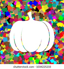 Pumpkin sign. Vector. White icon on colorful background with seamless pattern from squares.