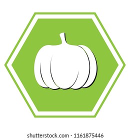 Pumpkin sign. Vector. White icon with black shadow at yellow green honeycomb on white background.