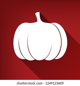 Pumpkin sign. Vector. White icon with limitless shadow at ruby red background.