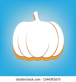Pumpkin sign. Vector. White icon with 3d warm-colored gradient body at sky blue background.