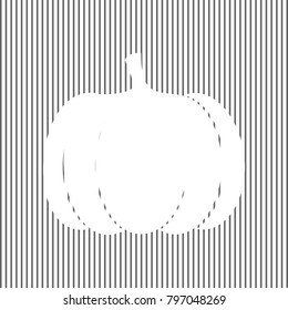 Pumpkin sign. Vector. White icon on grayish striped background. Optical illusion.