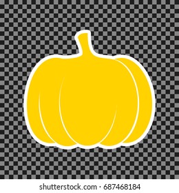 Pumpkin sign. Vector. Yellow icon with white contour on dark transparent background.