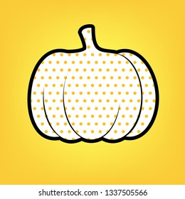 Pumpkin sign. Vector. Yellow polka dot white icon with black contour at warm yellow background.