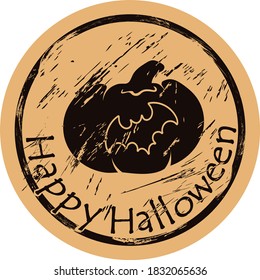 Pumpkin with silhouette of bat icon shabby emblem design old retro style. Happy Halloween poster vintage grunge sign. Pumpkin with bat shape image on craft paper. Symbol of Halloween. All Saints' Eve