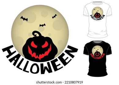 pumpkin silhouette with bats and full moon halloween white and black t-shirt design illustrstion