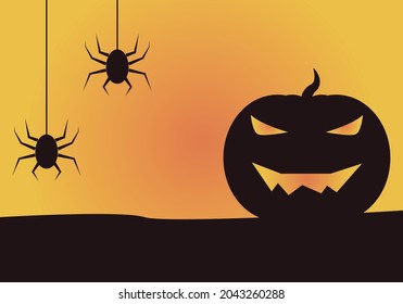 Pumpkin silhouette and black spider on orange background.