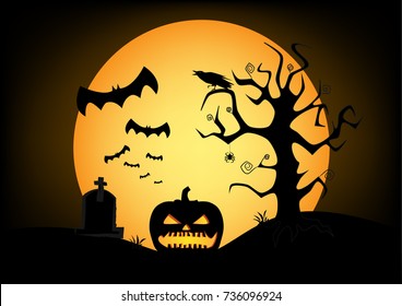 pumpkin silhouette on the big yellow moon and black sky background, horizontal