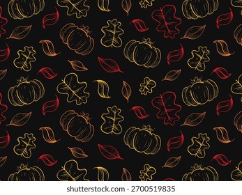 Silueta de calabaza sobre fondo negro sin patrón. Fondo de calabaza de otoño. Verduras de cosecha de impresión en caída para papel, embalaje, diseño, gráficos de Vector
