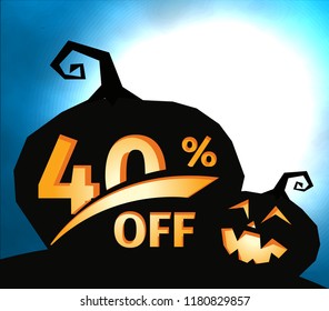 Pumpkin silhouette on dark blue sky with full moon. Halloween 40 percent off, sale banner. Holiday offer, autumn discount vector illustration