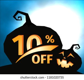 Pumpkin silhouette on dark blue sky with full moon. Halloween 10 percent off, sale banner. Holiday offer, autumn discount vector illustration