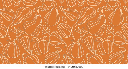 Silueta de calabaza sobre fondo naranja patrón sin fisuras. Fondo de calabaza de otoño. Verduras de cosecha para papel, embalaje, diseño, gráficos de Vector