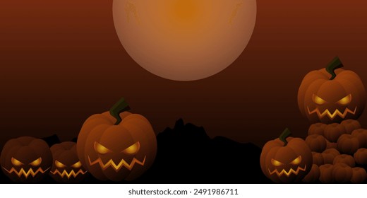 Pumpkin silhouette in spooky Halloween night. with a full moon background. Halloween Party with pumpkins. Vector Illustrations.