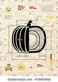 Pumpkin silhouette as technical blueprint drawing. Drafting of squash fruit on crumpled kraft paper. Vector illustration