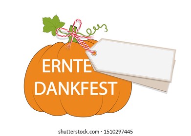 Pumpkin silhouette with "thanksgiving" text „Erntedankfest“ in german, and blank sign with ribbon bow,
Vector illustration isolated on white background
