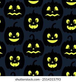 Pumpkin silhouettes glow in the dark. Black vegetables with different grimaces. Seamless vector pattern. Repeating Halloween ornament on a blue background. Flat style. Jack-o'-lantern. Laughing toothy