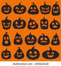 Pumpkin silhouettes. Halloween pumpkins emoticon characters. Happy, sad and angry funny sinister spooky faces vector holiday carved lantern stickers