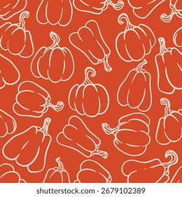 Pumpkin silhouettes on an orange background. Autumn seamless pumpkin pattern. Fall season harvest print, vector graphic.