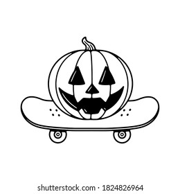 PUMPKIN WITH SKATEBOARD BLACK WHITE BACKGROUND