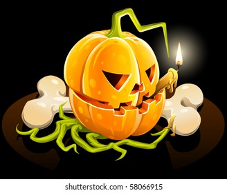 pumpkin with  skeleton bone on black background vector illustration