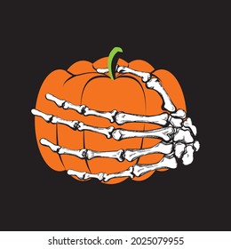 Pumpkin in skeleton hand. Halloween illustration.