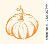 Pumpkin sketch drawing, orange outline on beige background, vector illustration