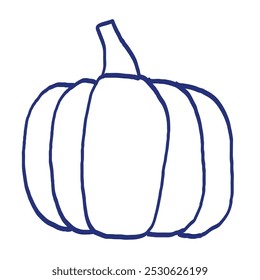 Pumpkin sketch. Fresh vegetable. Vector illustration. Hand drawn icon. Healthy food. Vegetarian product. Blue pen or marker drawing. Primitive kids picture