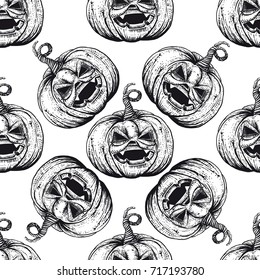 Pumpkin sketch hand drawn illustration. Seamless pattern. Horror character engraved style illustration. Detailed sketch.