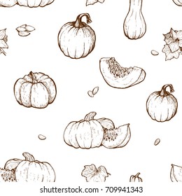 Pumpkin sketch hand drawn illustration.Seamless pattern. Vegetable engraved style illustration. Detailed vegetarian food sketch. Farm market product.