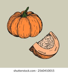 Pumpkin sketch outline illustration in color. Simple doodle drawing in engraving style. Hand drawn vector line art clipart