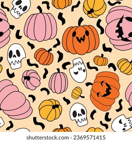 Pumpkin and skull collection seamless pattern, flat vectorial illustration. Vector illustration